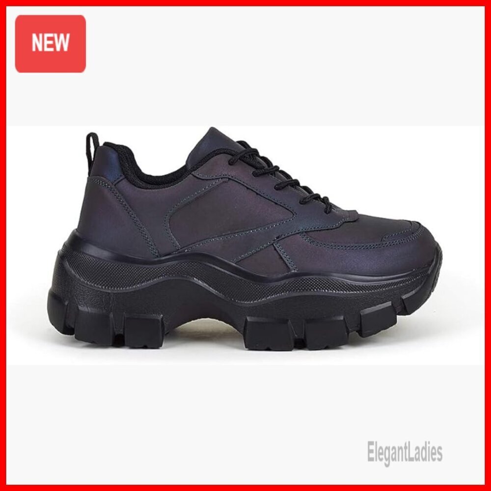 Women's Chunky Platform Sneakers, Rubber Sole, Lace-Up Walking Shoes